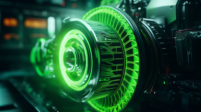 High-tech engine component with futuristic neon lighting, showcasing advanced engineering and modern technology in a detailed view.