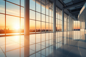 Fototapeta premium Modern empty office space with large windows overlooking a cityscape at sunset, reflecting light on shiny floor tiles.