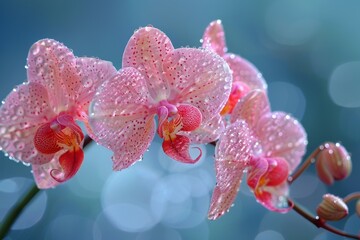 Pink Orchids with Dew Drops on a Blurred Blue Background