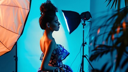 Fashion photography shoots with stylish outfits and creative lighting setups, showcasing high fashion in a dynamic setting, emphasizing elegance and innovation