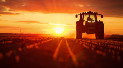 Fototapeta premium Silhouette of a tractor working in a field at sunset, representing agriculture, farming, and rural life with a stunning orange sky.