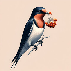 Fototapeta premium Detailed illustration of a swallow holding berries on a branch, against a beige background with copy space