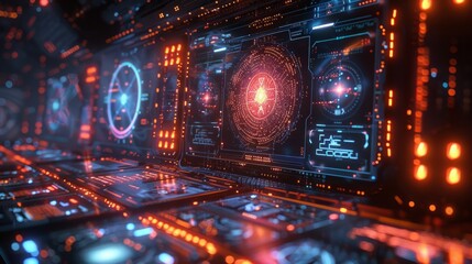 A close-up of a futuristic sci-fi control panel with glowing interfaces, featuring a large central display with a circular pattern and smaller displays with digital data.
