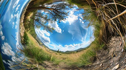 Fisheye lenses creating unique, distorted perspectives, adding a creative touch, with a playful scene of a wide, curved landscape, highlighting their unique view