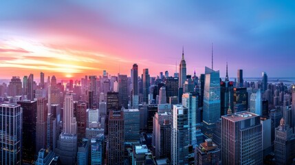 Fototapeta premium A panoramic view of a city skyline with skyscrapers and a setting sun.