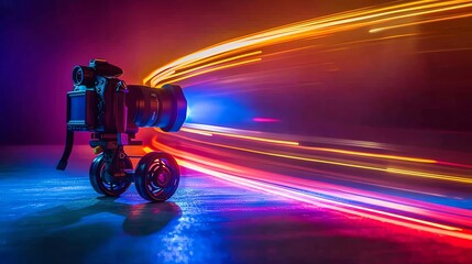 Gimbals balancing action cameras, illustrating smooth and steady video capabilities, captured in midmotion, with trails of light highlighting their movement