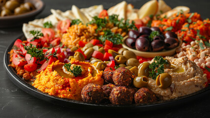 A colorful Mediterranean mezze platter with hummus, falafel, olives, and pita bread, beautifully arranged on a black dish.