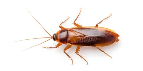 Brown cockroach seen from above on a white background. Concept Insect Photography, Cockroach Image, Close-up Shot, White Background, Top Down View
