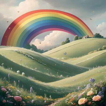 Illustration of rolling hills, adorned with a massive, colorful rainbow that arches gracefully across the sky. 