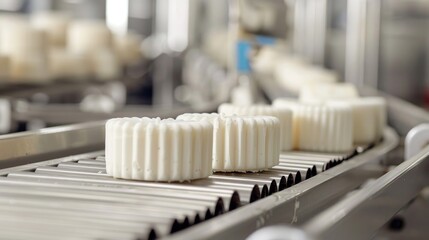Cheese quark molds on conveyor belt in food factory