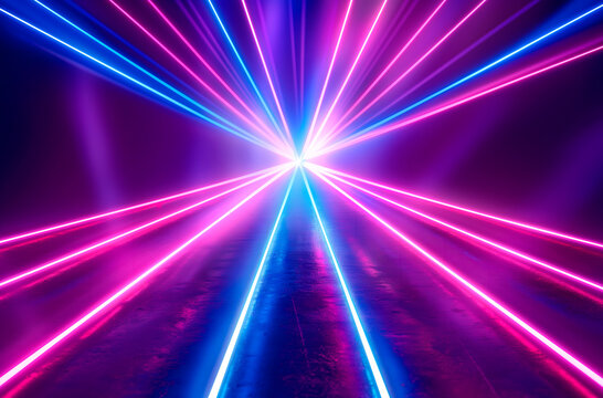 Blue,purple,pink neon rays with glowing lines form abstract,minimalistic background,perfect for innovative tech visuals,trendy digital art,modern promotional designs seeking vibrant,futuristic touch