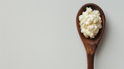 Isolated wooden spoon with milk kefir grains blank space