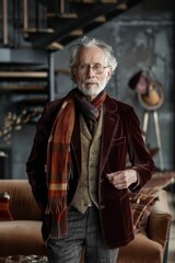 Elderly man in a tailored velvet suit, paired with a designer silk scarf, in a luxe studio setting