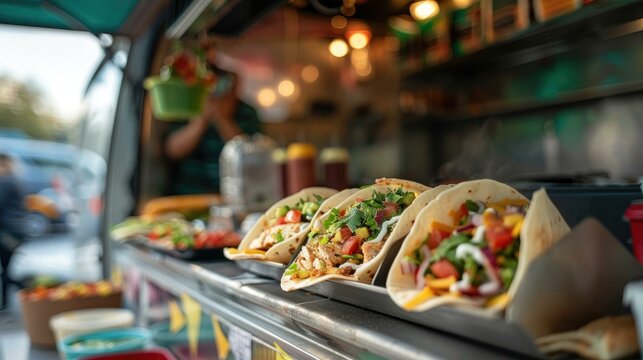 Three tacos filled with fresh vegetables and meat are displayed on a food truck counter. There are colorful ingredients in the background.
