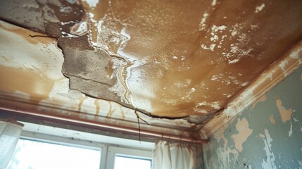 Leaking roof with stains on the ceiling, traces of water damage