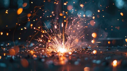 Bright sparks and glowing embers spread from a single point, creating a vibrant display of colors and light against a dark, blurry background.