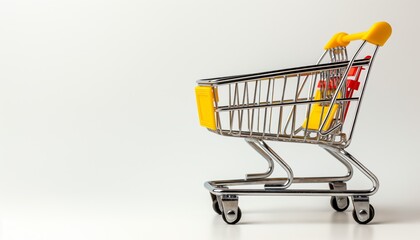 A yellow and chrome mini shopping cart with a striking red sale sign symbolizing retail and discount