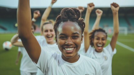 A group of young women are smiling and holding their hands up in the air. They are wearing white shirts and are standing on a soccer field
