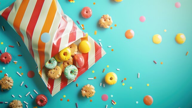 A cheerful snack pack with bright colors and dynamic graphics on a turquoise background. - Powered by Adobe