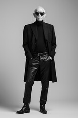 Elderly man modeling a sleek, monochrome outfit, with a sharp haircut to match the contemporary studio setting