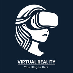 Woman wearing a modern VR headset, perfect for tech-related logos