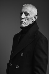 Elderly man modeling a sleek, monochrome outfit, with a sharp haircut to match the contemporary studio setting