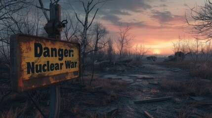 Globe in chains against nuclear warWarning of nuclear war in desolate landscape