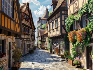 Charming cobblestone street in medieval Rothenburg, Germany - Half-timbered houses and flowers.