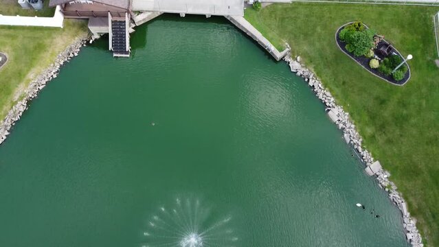 Drone view looking down over The Shrine of the Grotto of the Redemption in West Bend, Iowa