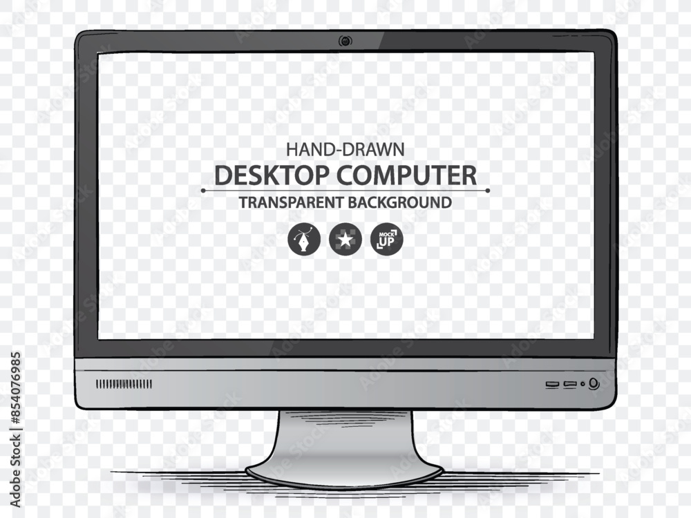 Poster desktop computer monitor screen vector drawing illustration with transparent background. hand-drawn 