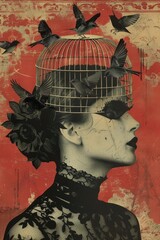 Obraz premium Retro lady with a birdcage head, minimal surreal details