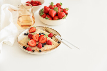 French homemade pancake crepes. Summer breakfast. Copy space