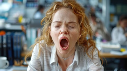 A Caucasian woman yawns widely, showing fatigue while sitting in a bustling cafe.
