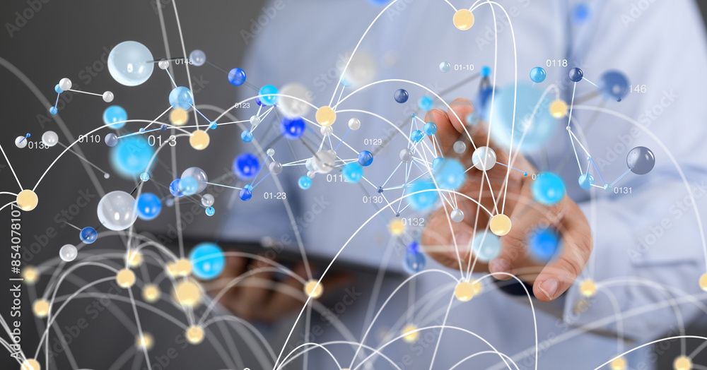 Poster Neural network concept. Connected cells with links.