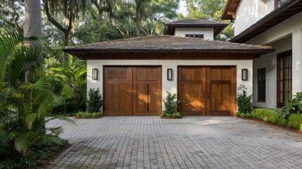 Fototapeta premium Rustic wooden garage doors in front of a country-style house surrounded by lush greenery.