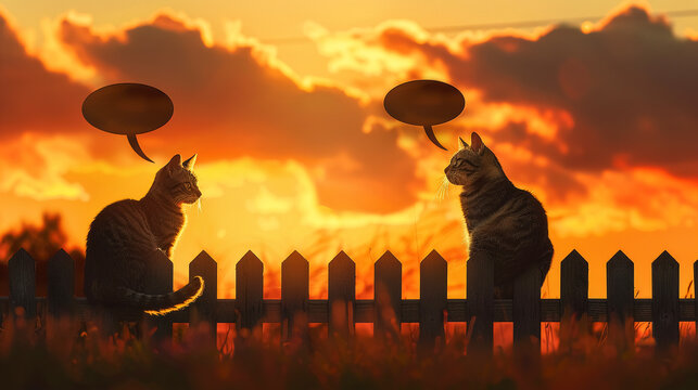 Two cats sitting on a fence at sunset, each with multiple empty speech bubbles above their heads as if engaged in a deep conversation. Warm tones, detailed fur, serene and contemplative setting.