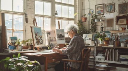 Elderly woman focused on watercolor painting in her bright, airy studio