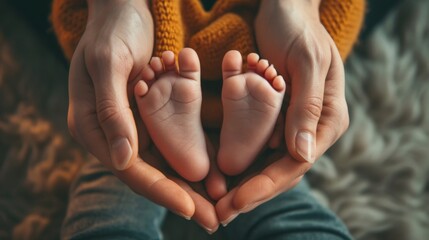 Beautiful baby feet held gently in adult hands, forming a heart shape