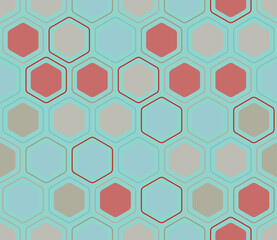 Abstract Mosaic Background. Rounded hexagons mosaic pattern with inner solid cells. Large honeycomb cells. Multiple tones color palette. Seamless pattern. Tileable vector illustration.