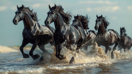 A close dynamic action shot of black horses running through sea water, causing large splashes