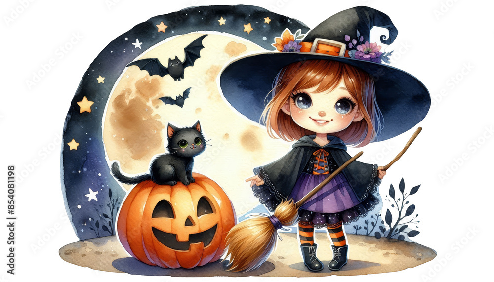 Canvas Prints Adorable Witch with Black Cat and Jack-O-Lantern - A charming illustration of a young witch with a black cat and a jack-o-lantern set against a backdrop of a moonlit night.