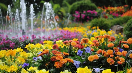 A vibrant garden with a variety of colorful flowers in bloom. A fountain is in the background, creating a soothing atmosphere.