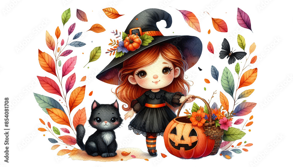 Poster Cute Witch With A Black Cat And Jack-o'-lantern - An illustration of a cute witch with a black cat and a jack-o'-lantern, set against a background of colorful autumn leaves.