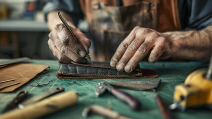 Hands crafting a leather wallet or belt using leatherworking tools.