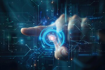 Obraz premium Businessman finger with Cyber Security Privacy Futuristic hologram.Business Internet hi tech, mechanical technology Concept.