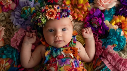 Fototapeta premium Baby in a vibrant floral dress and matching headband, lying on a soft blanket in the studio