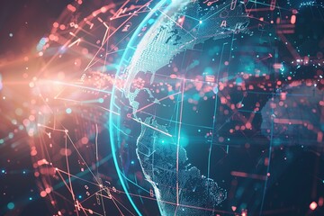 Obraz premium Digitalization Concept Global hi tech, mechanical technology. 3d Earth Digital Connected Network Background. Worldwide Big Data Cloud. World Connections with Light Lines.