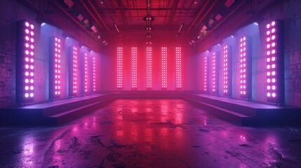 A striking corridor bathed in shades of pink and violet, creating a mood of mystery and anticipation with futuristic lighting