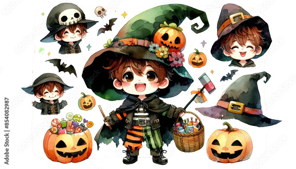 Wall mural Happy Halloween Witch Boy - A cute Watercolor witch boy in a green and orange costume is smiling with a pumpkin on his hat.