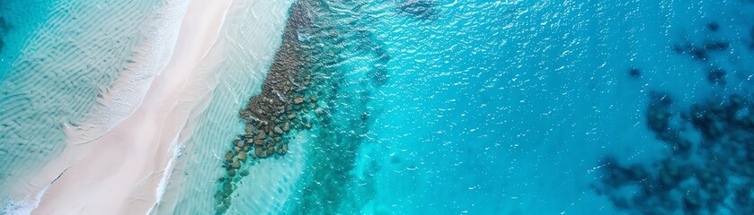 Aerial view of a pristine beach with crystal clear turquoise waters blending into deep blue ocean and sandy shoreline.